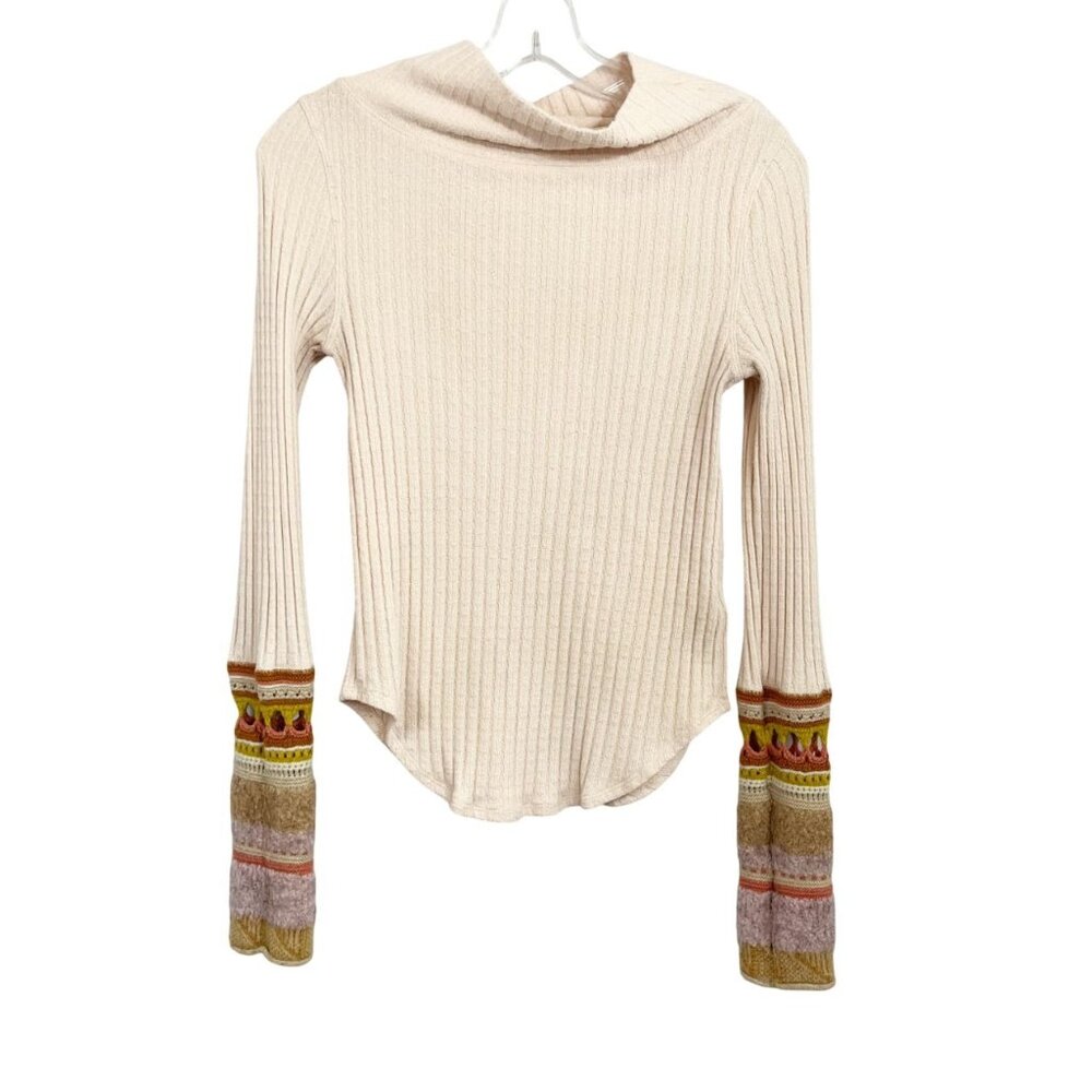 Free People Mixed Up Sweater Cuff Cowl Neck Ribbed Thermal Top Boho Size Small